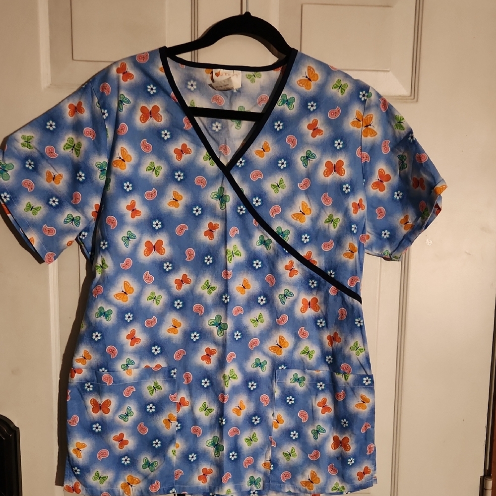 Colorful Butterfly Print Scrub Top